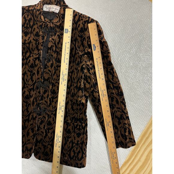Vintage Velvet Damask Jacket 90s USA Made Brown Black Flocked Frog Closure SZ 14 - Picture 6 of 9